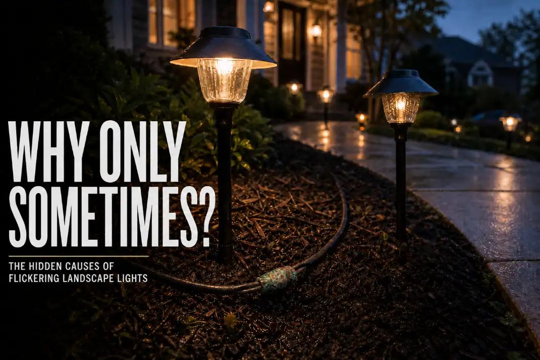 Outdoor path lights working intermittently with one flickering fixture, wet soil, and a highlighted weak wire splice.