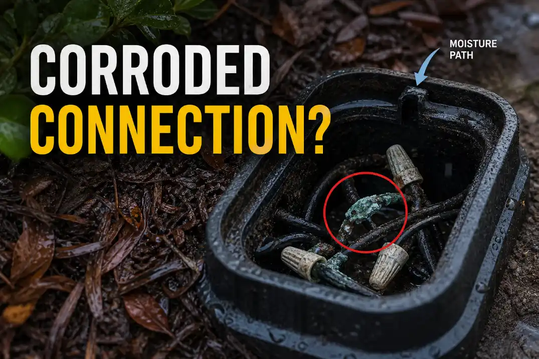Corroded outdoor light connection inside a damp landscape lighting junction box with oxidized wire connectors.