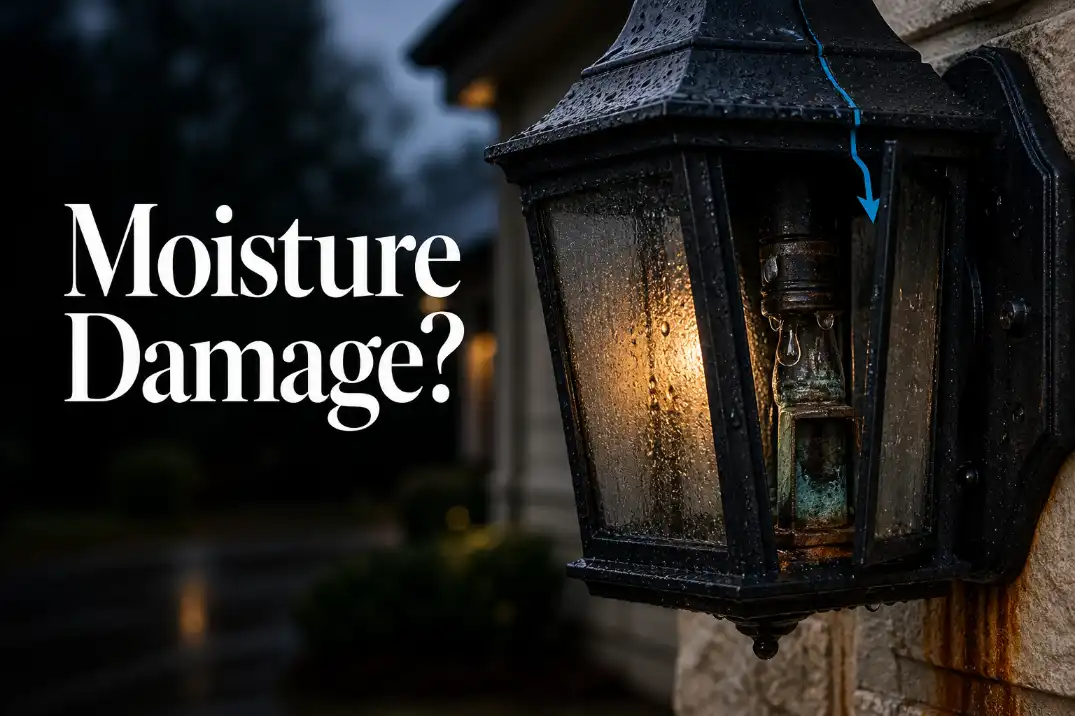 Moisture damage inside an outdoor light fixture with corrosion on the socket and water entering through the cable opening.