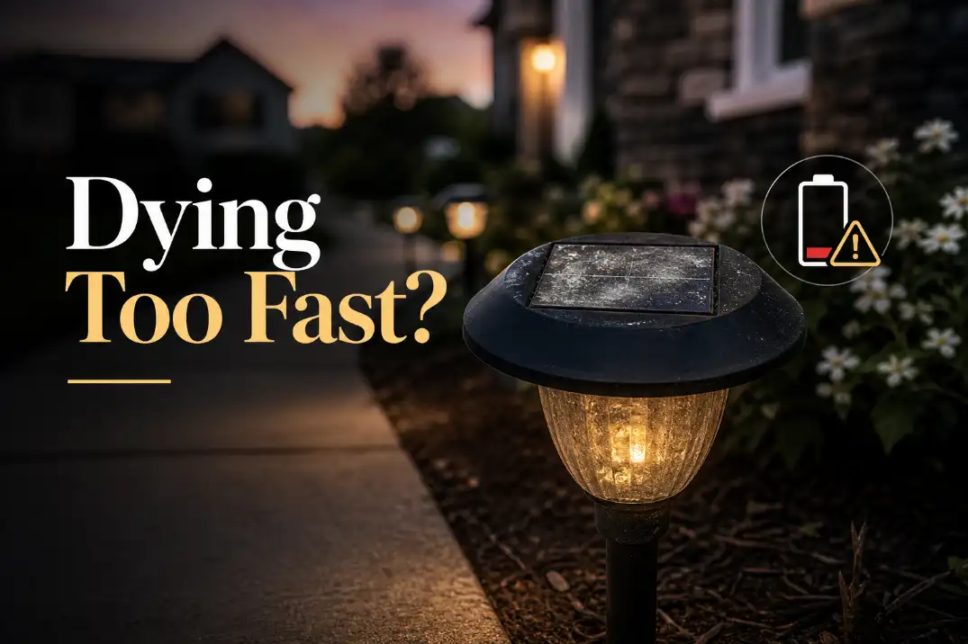 Solar outdoor pathway light dying too fast with a cloudy panel, weak glow, and battery warning overlay.