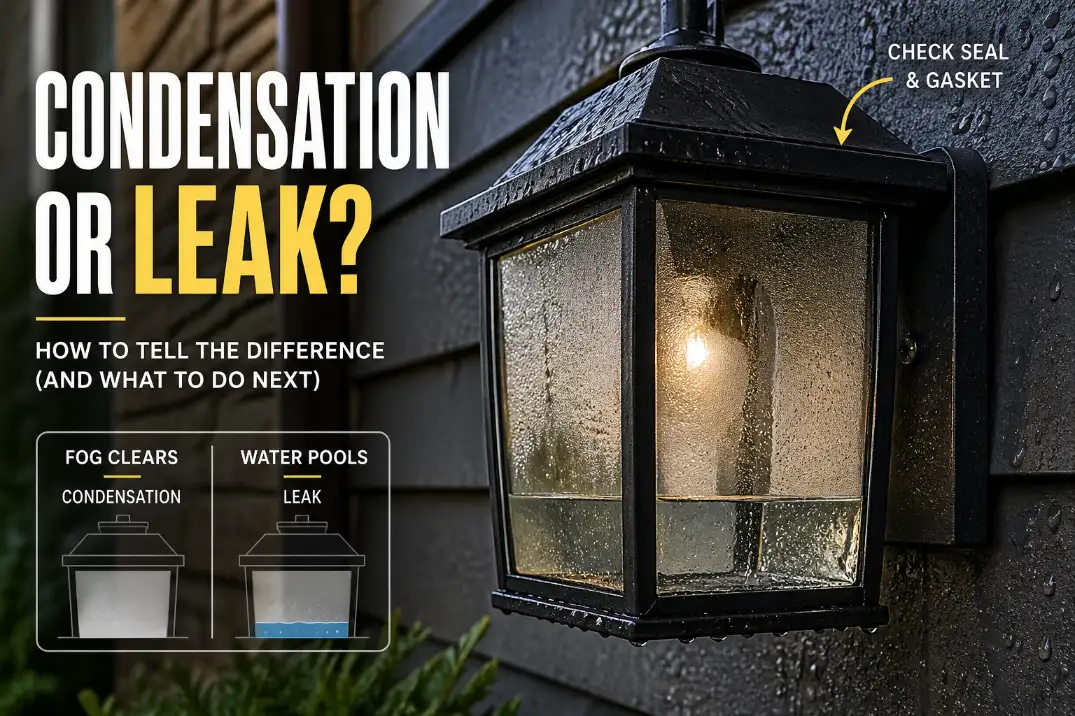 Outdoor light fixture with fogged glass and pooled water inside showing condensation versus leak diagnosis.