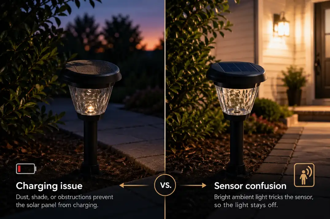 Comparison showing a solar light with poor charging and a charged solar light staying off because of porch light sensor interference.