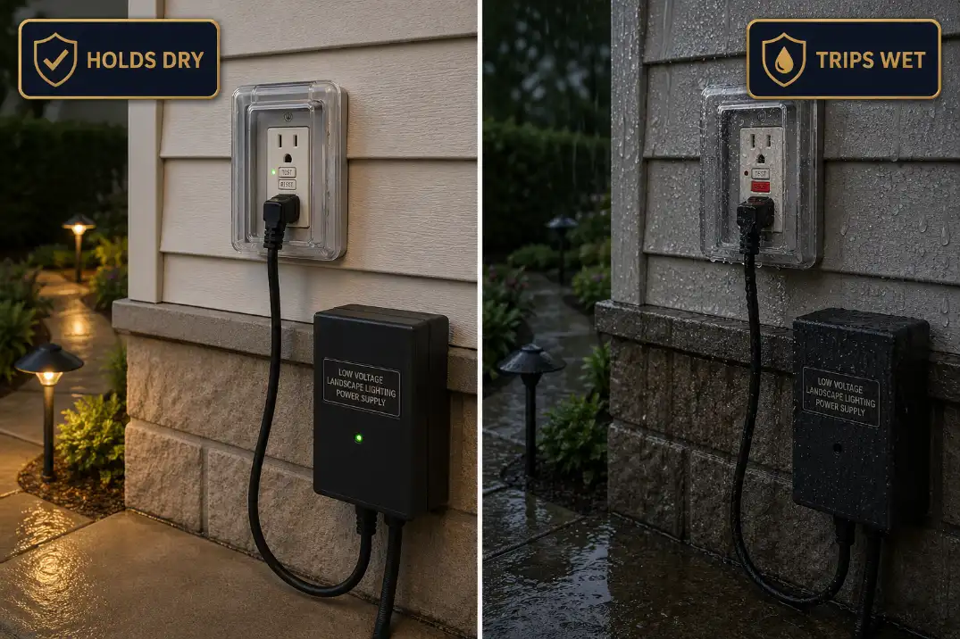 Comparison of a dry outdoor GFCI holding power and the same damp GFCI tripping after rain.