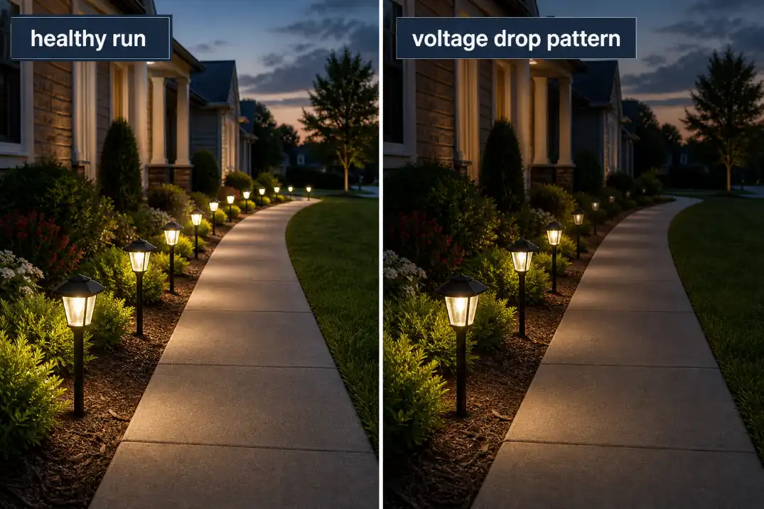 Comparison of healthy outdoor path lights and far-end dimming caused by voltage drop in an aging lighting run