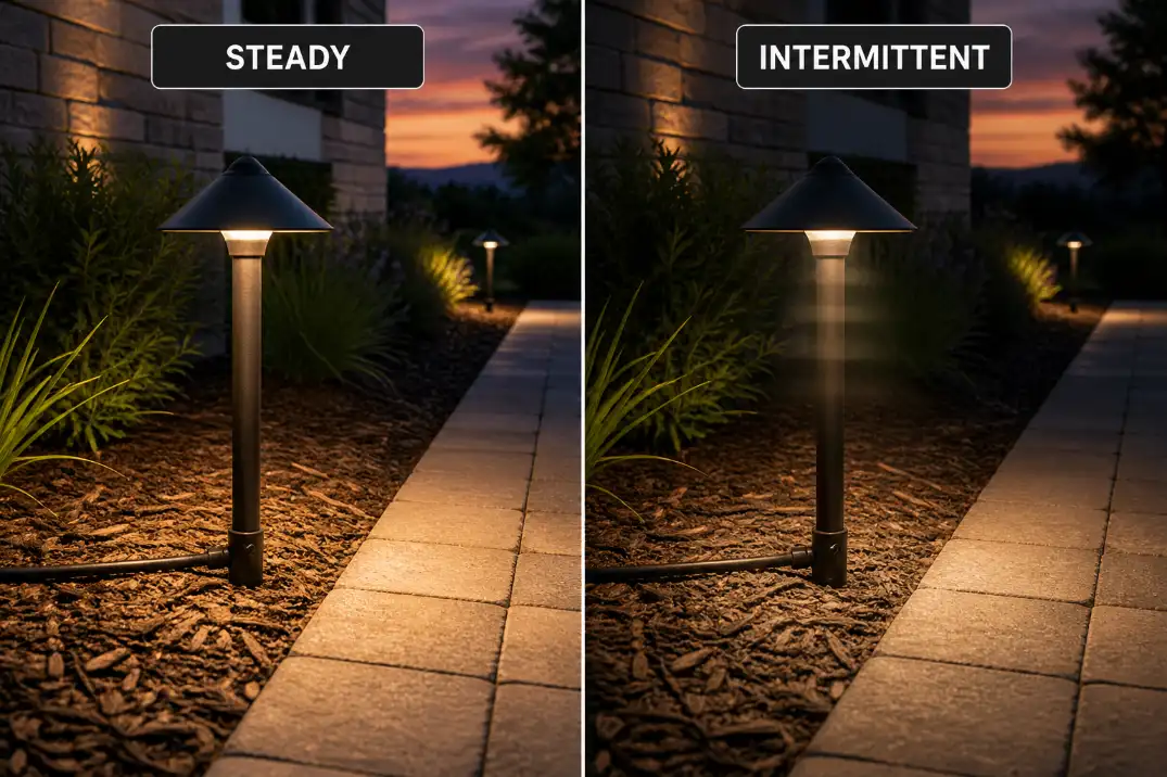 Comparison of a steady outdoor path light and an intermittently flickering path light from the same viewpoint.