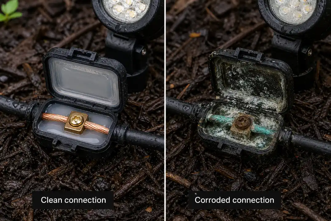 Comparison of a clean outdoor light connection and a corroded outdoor light connection with green oxidation and white crust.