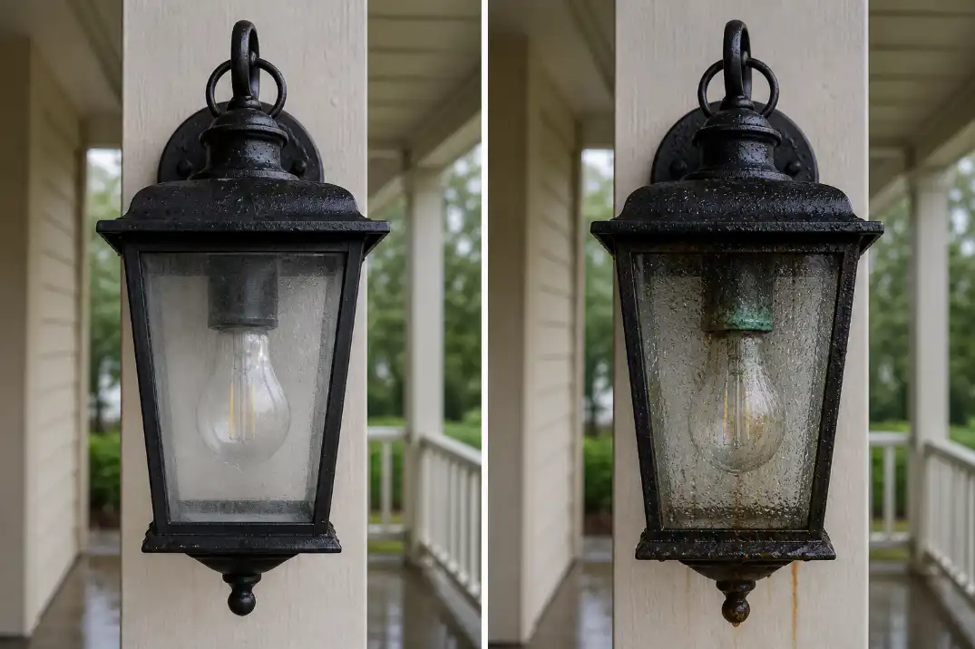 Comparison of temporary condensation and damaging moisture inside the same style outdoor light fixture.