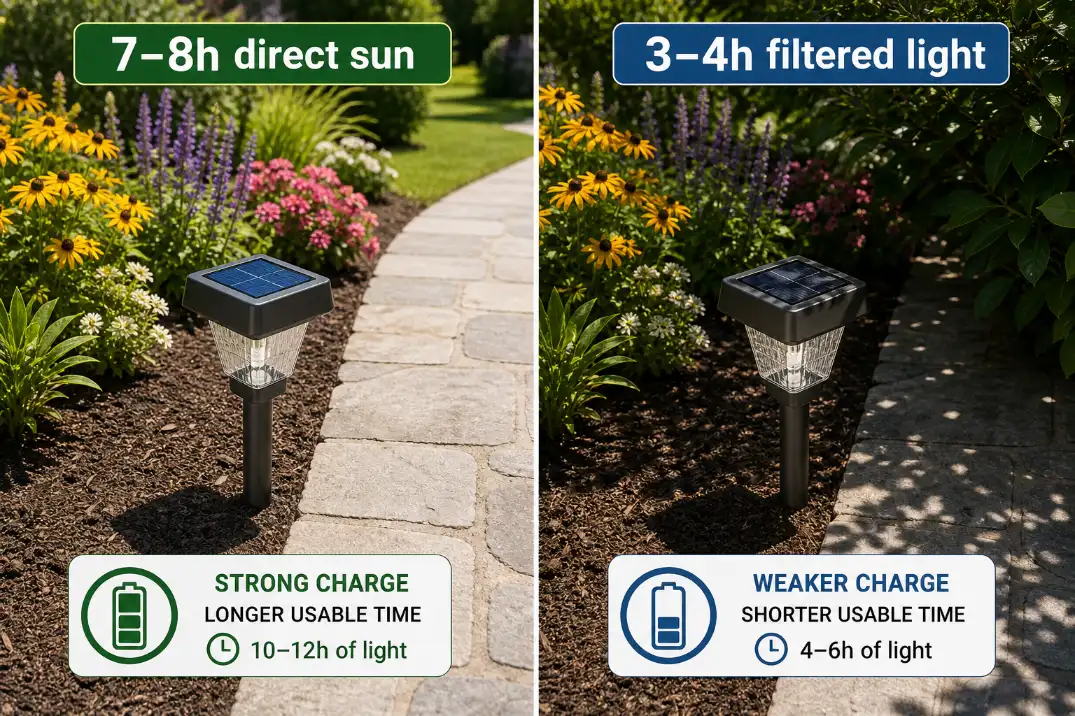 Solar pathway light comparison showing full direct sun versus bright shade and how weak exposure reduces charging time.