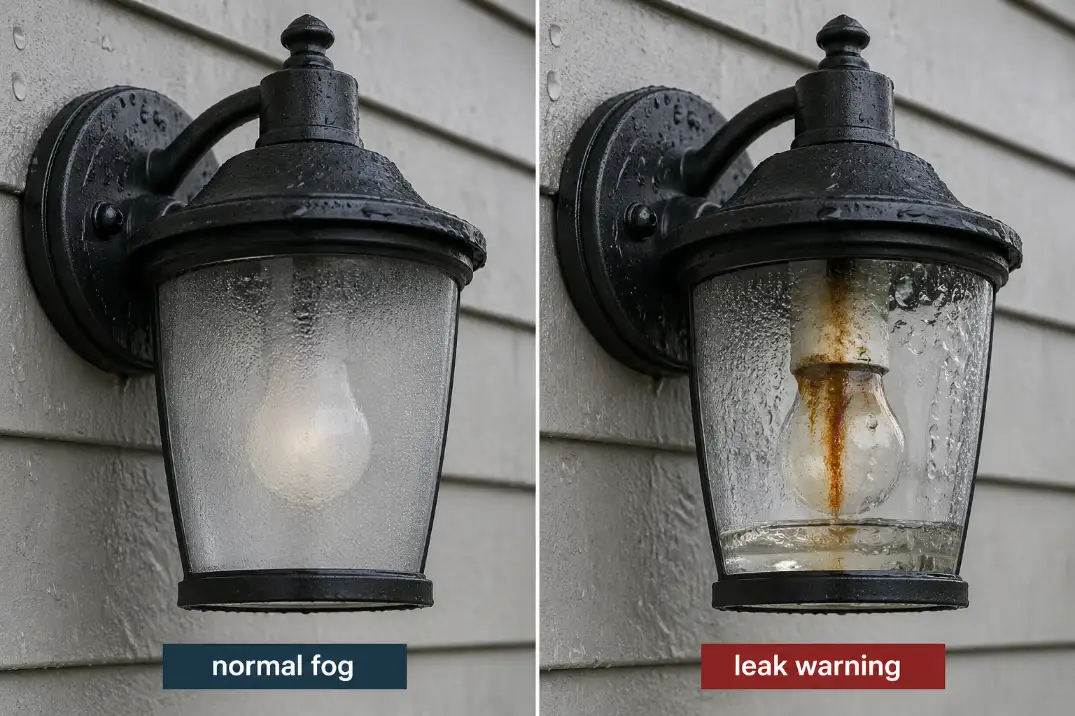 Comparison of normal fogging and a leaking outdoor light fixture with pooled water and rust inside the lens.