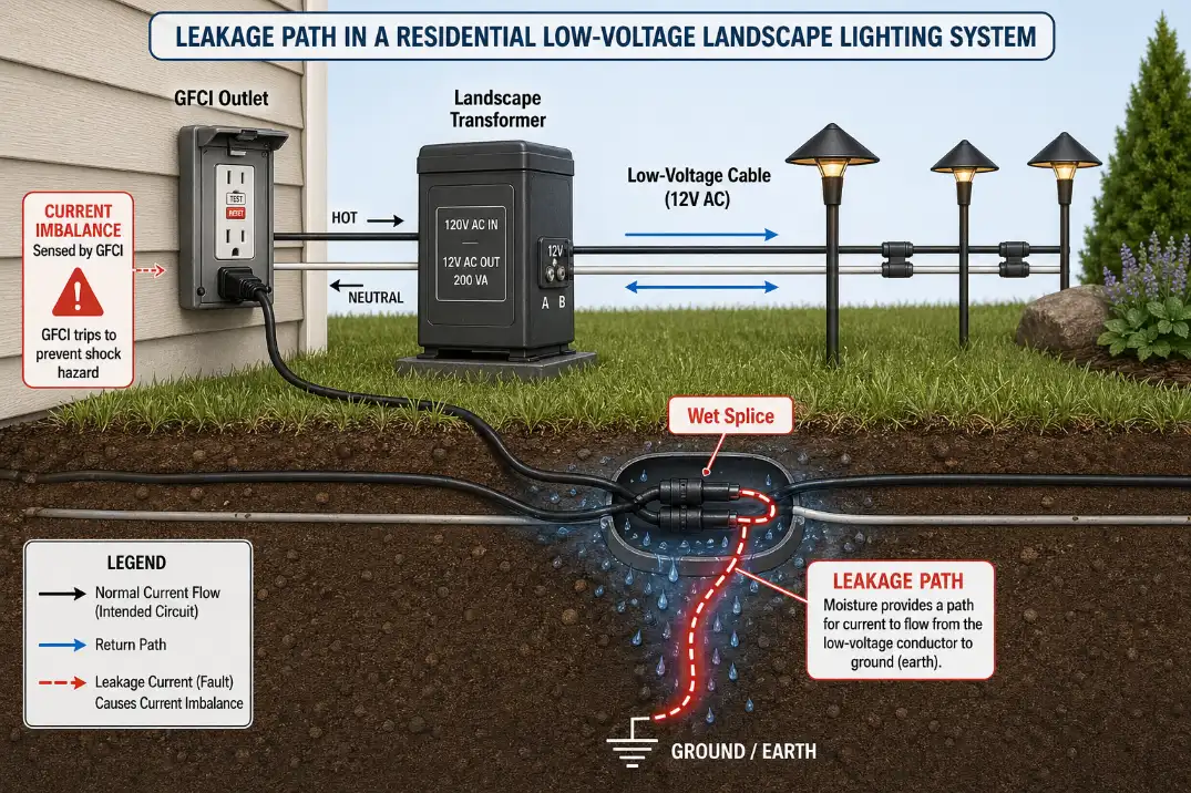 Diagram showing moisture in an outdoor lighting circuit creating leakage current that trips a GFCI outlet.