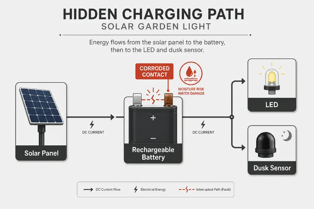 Premium diagram showing the solar panel, rechargeable battery, LED, dusk sensor, and corroded contact interrupting charging.