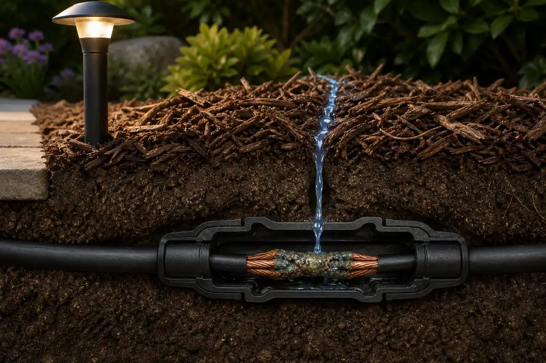 Cutaway of buried outdoor lighting cable showing water entering a weak splice and causing corrosion over time