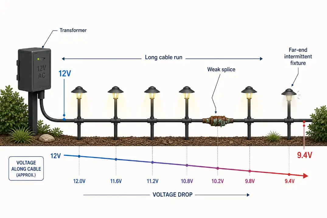 Diagram showing voltage drop and a corroded splice causing far-end outdoor lights to work intermittently.