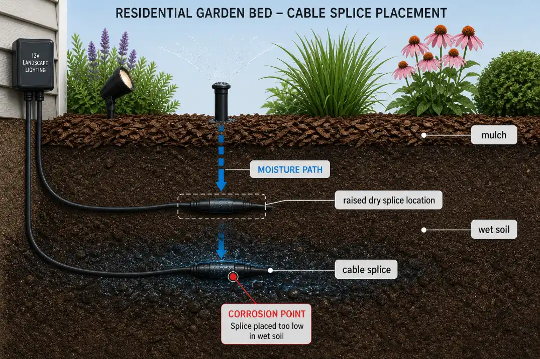 Diagram showing sprinkler water moving through mulch into a low outdoor light splice where corrosion forms.