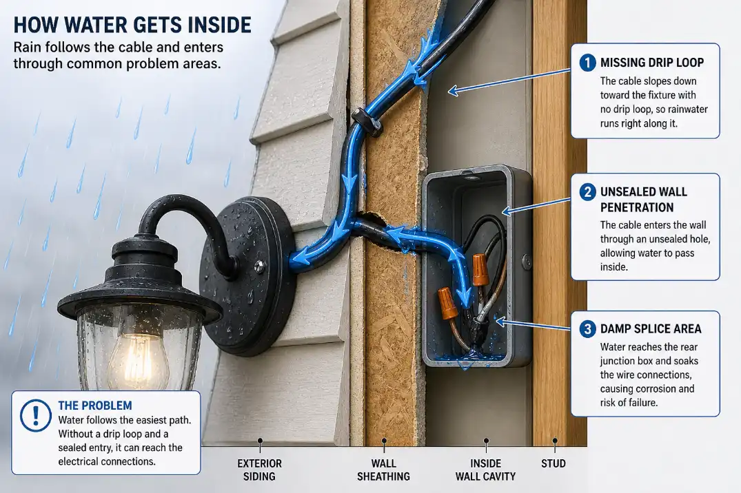 Diagram showing rainwater tracking along an outdoor lighting cable into the rear junction box and splice area.