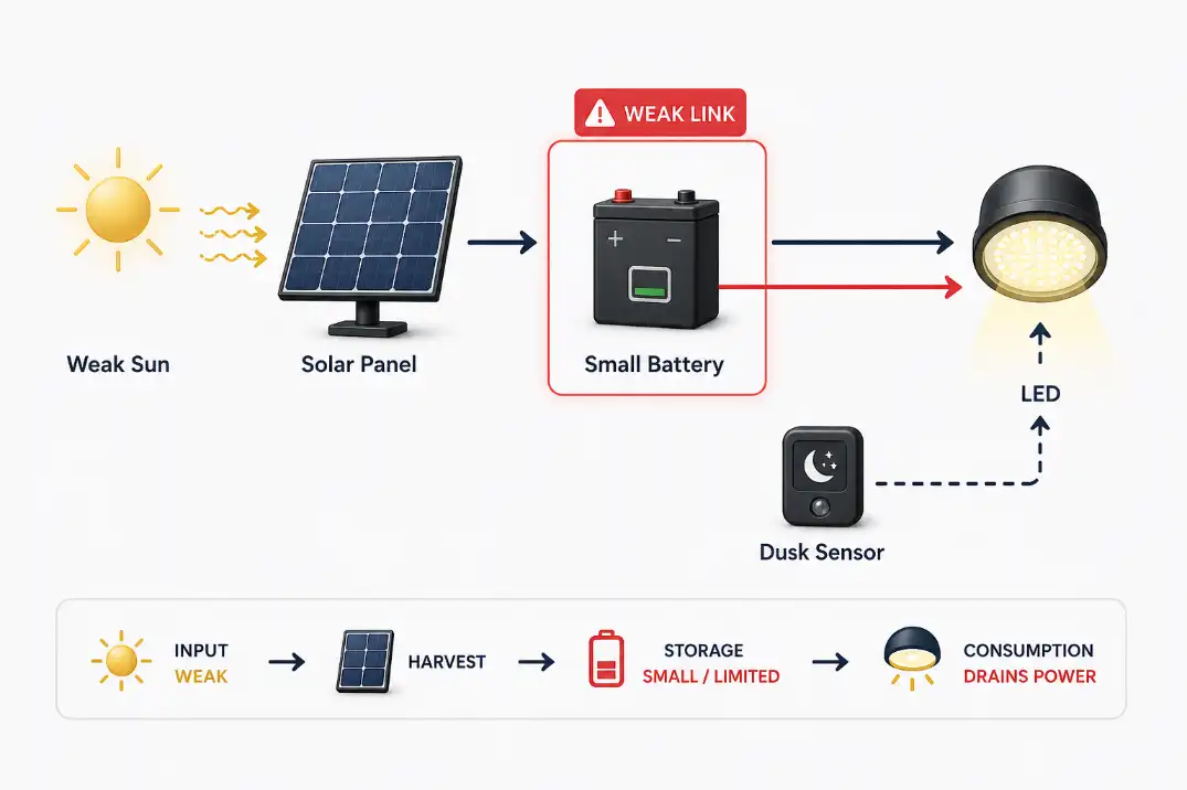 Diagram showing how solar light energy moves from sun to panel to battery to LED and where weak charging causes failure.