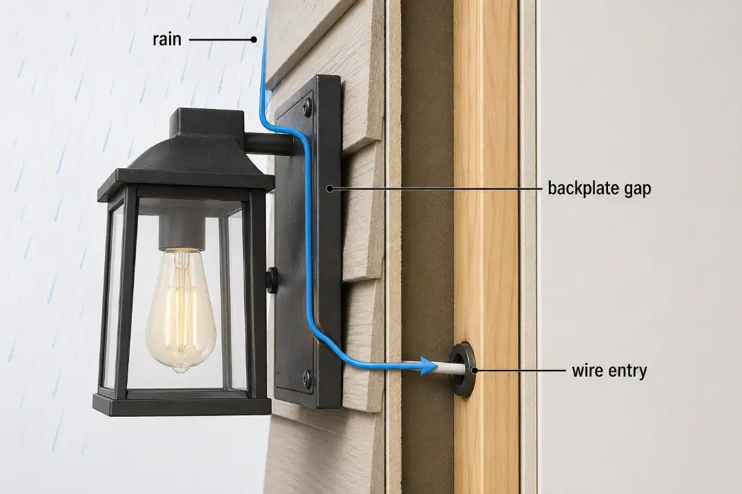Diagram showing rainwater entering behind an outdoor light backplate and reaching the cable entry point.