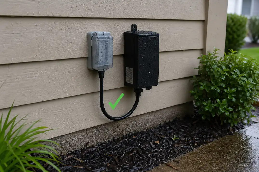 Correct outdoor GFCI setup with closed in-use cover, drip loop, and landscape transformer mounted above wet ground.