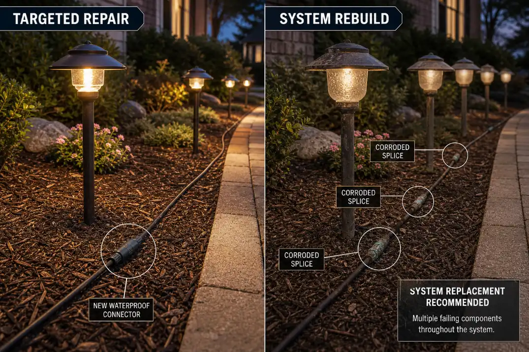 Comparison showing one outdoor light needing targeted repair versus multiple aging fixtures needing a system rebuild