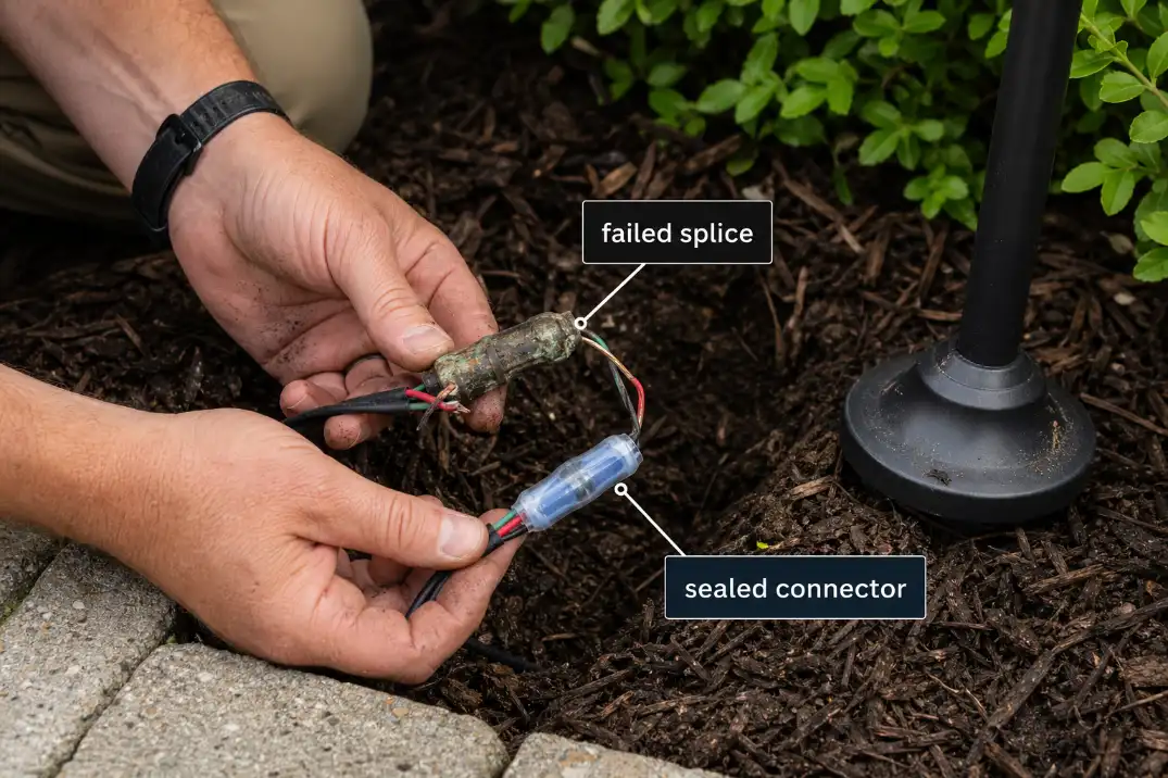 Corroded outdoor lighting splice being replaced with a waterproof connector beside a landscape path light.