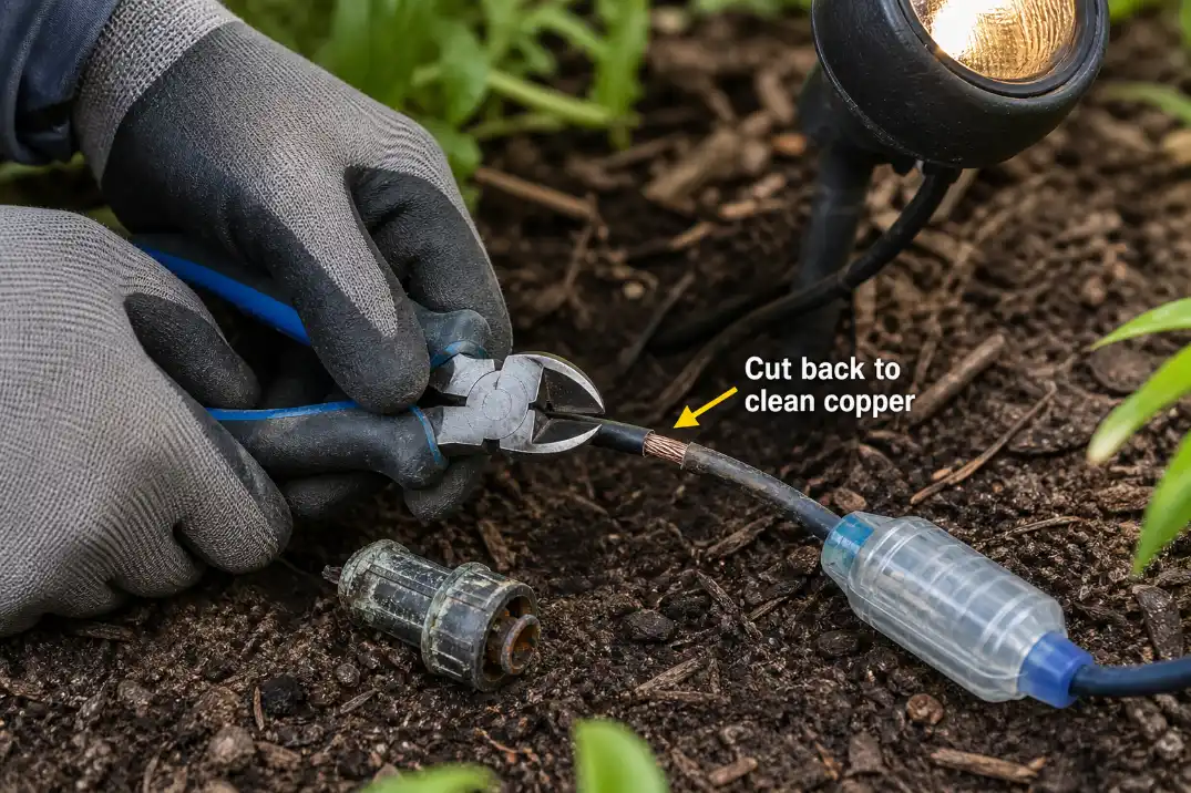 Outdoor light wire being cut back to clean copper before replacing a corroded connector with a waterproof splice.