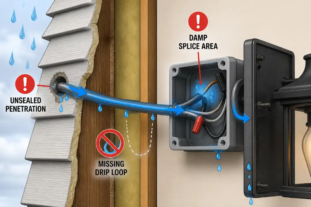 Comparison showing when outdoor light moisture damage can be cleaned, when parts should be replaced, and when an electrician is needed.
