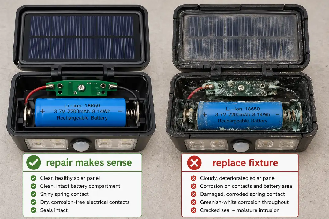 Comparison of a repairable solar light with clean battery contacts versus a failed solar light with corrosion and cloudy panel.