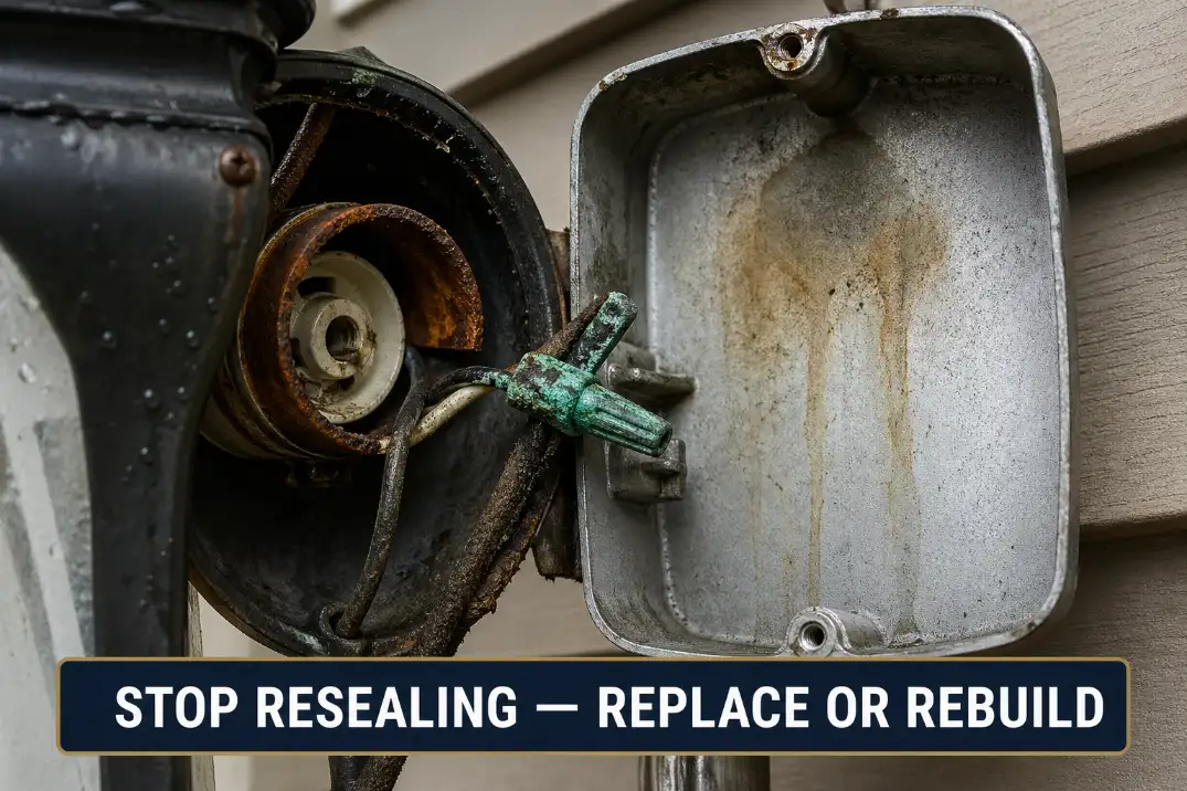 Corroded outdoor light socket and stained wiring showing when resealing is no longer enough.