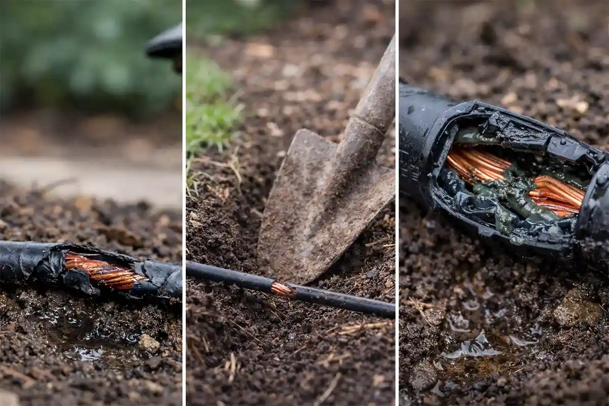 Exposed low-voltage landscape lighting cable in soil with torn insulation near a pathway light