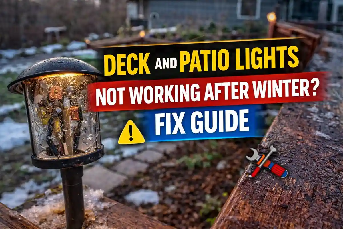 Outdoor deck and patio lights not working after winter in a backyard.