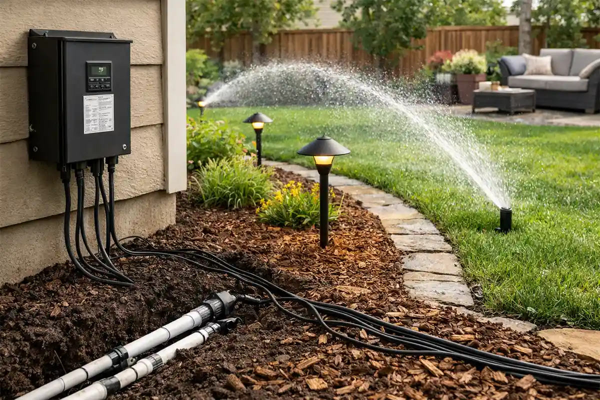 Backyard landscape lights shutting off as sprinkler irrigation system turns on.