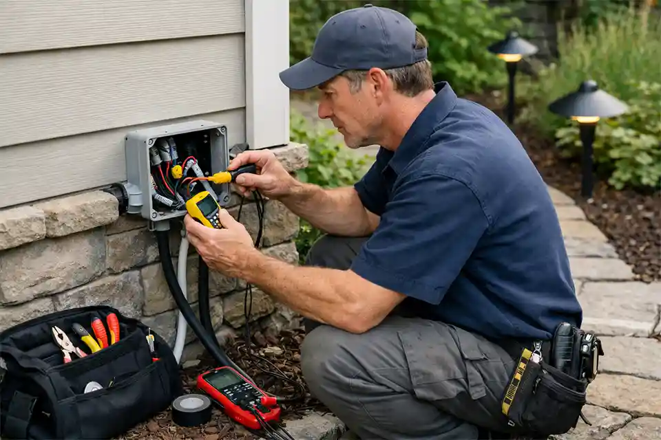 Electrician checking wiring when newly installed outdoor lights are not receiving power from the main electrical line.