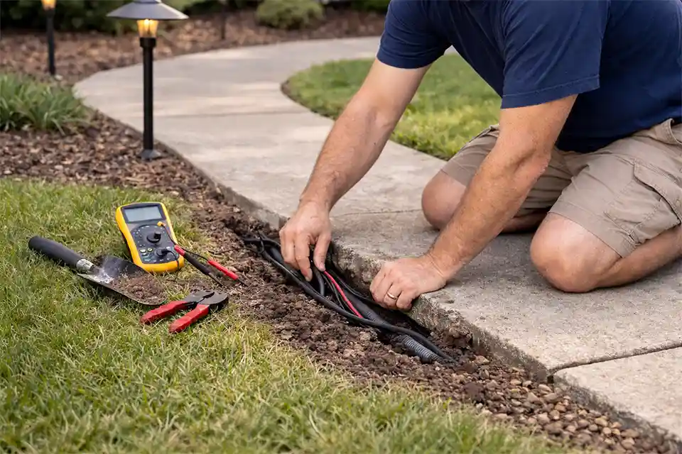 Homeowner inspecting underground outdoor lighting cable where it runs beneath a walkway.