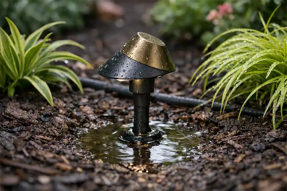 Water pooling around a low-voltage landscape lighting fixture installed in a garden bed.
