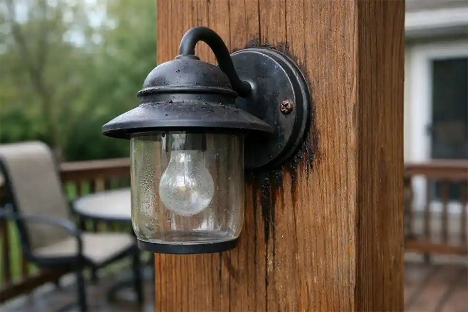 Moisture damage in an outdoor light mounted on a wooden deck post with staining and corrosion