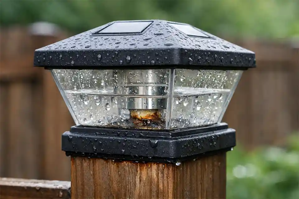 Outdoor fence post light with visible water droplets inside the housing and moisture around the base seam