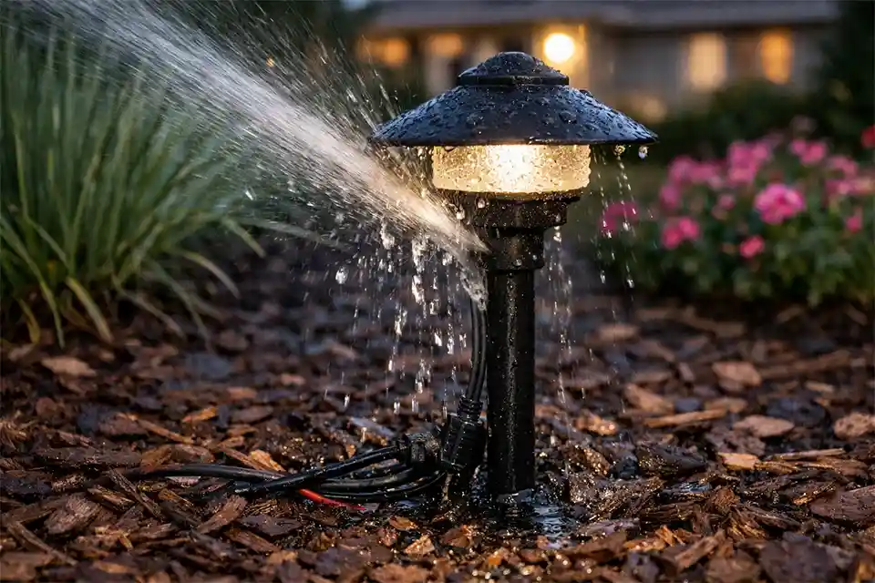 Outdoor path light being sprayed directly by a lawn sprinkler with visible moisture on the fixture and wet ground around the base wiring