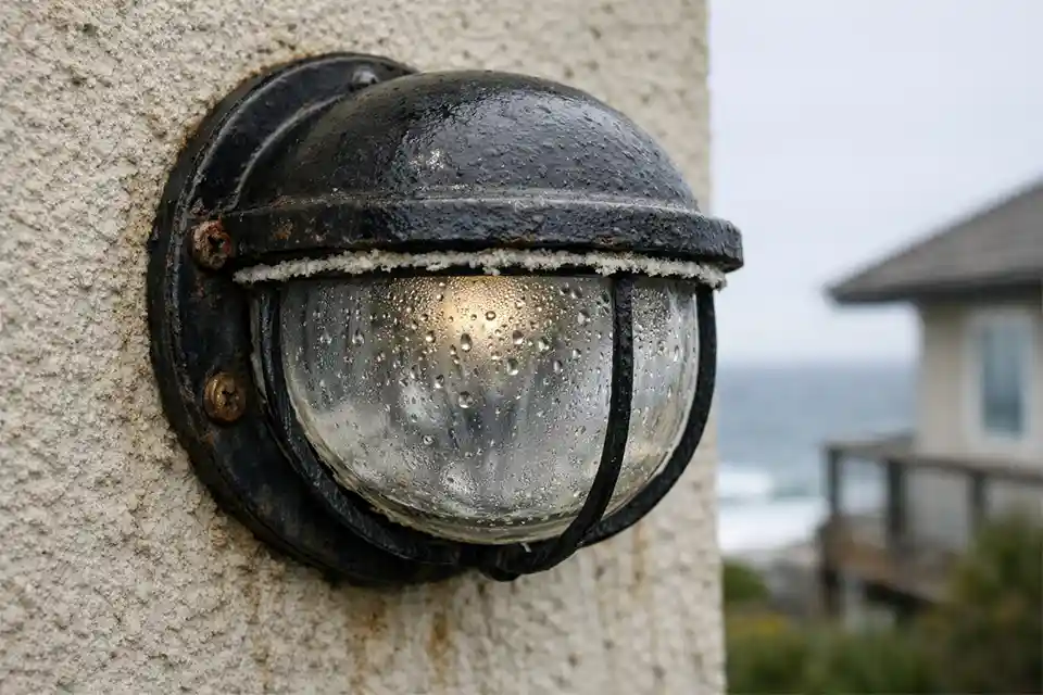 Coastal outdoor wall light with water droplets inside the lens and salt corrosion around the gasket and screws.
