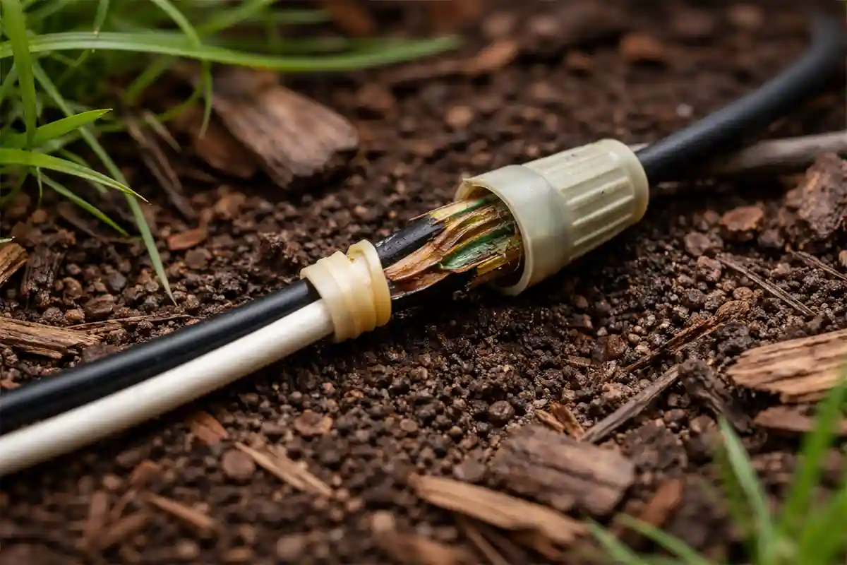 Close-up of a loose outdoor low-voltage wire connection near soil with a visible gap at the connector and slight discoloration on the copper.