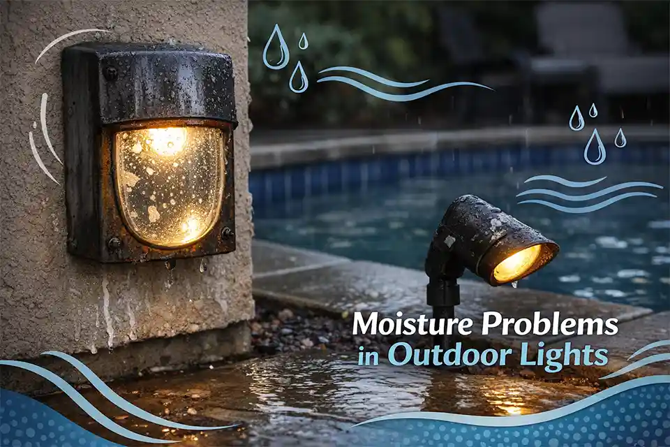 Outdoor light near a swimming pool with water droplets inside the lens and early corrosion on the fixture housing