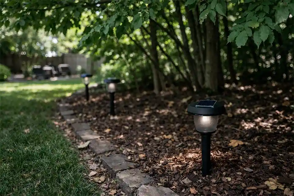 Solar pathway lights under tall backyard trees with dense shade blocking charging on the top solar panels