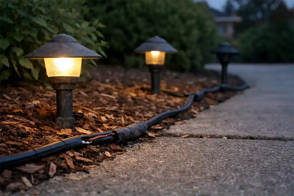 Aging outdoor lighting wire causing dim and failed pathway lights along the same yard run