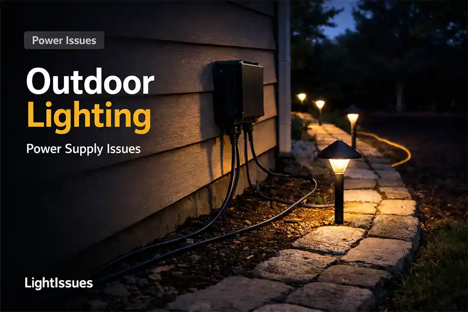 Low-voltage outdoor lighting with bright fixtures near the transformer and dark lights at the end of the run showing power loss