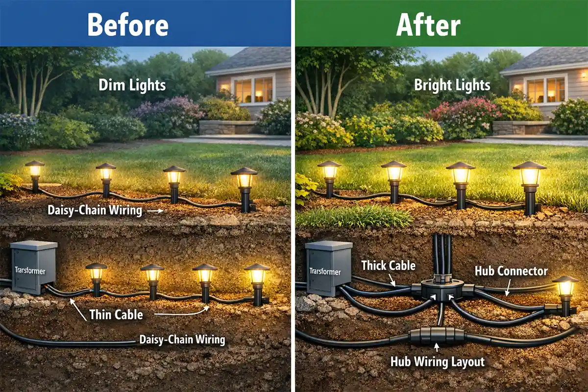 Landscape lighting voltage drop: dim lights with daisy-chain wiring vs bright lights with hub wiring.