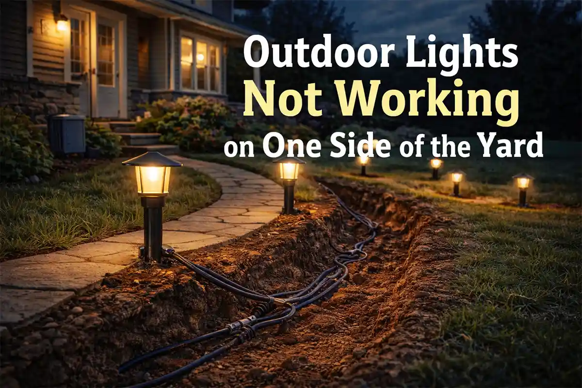 Outdoor pathway lights in a residential yard with one side not working and visible underground landscape lighting wiring trench