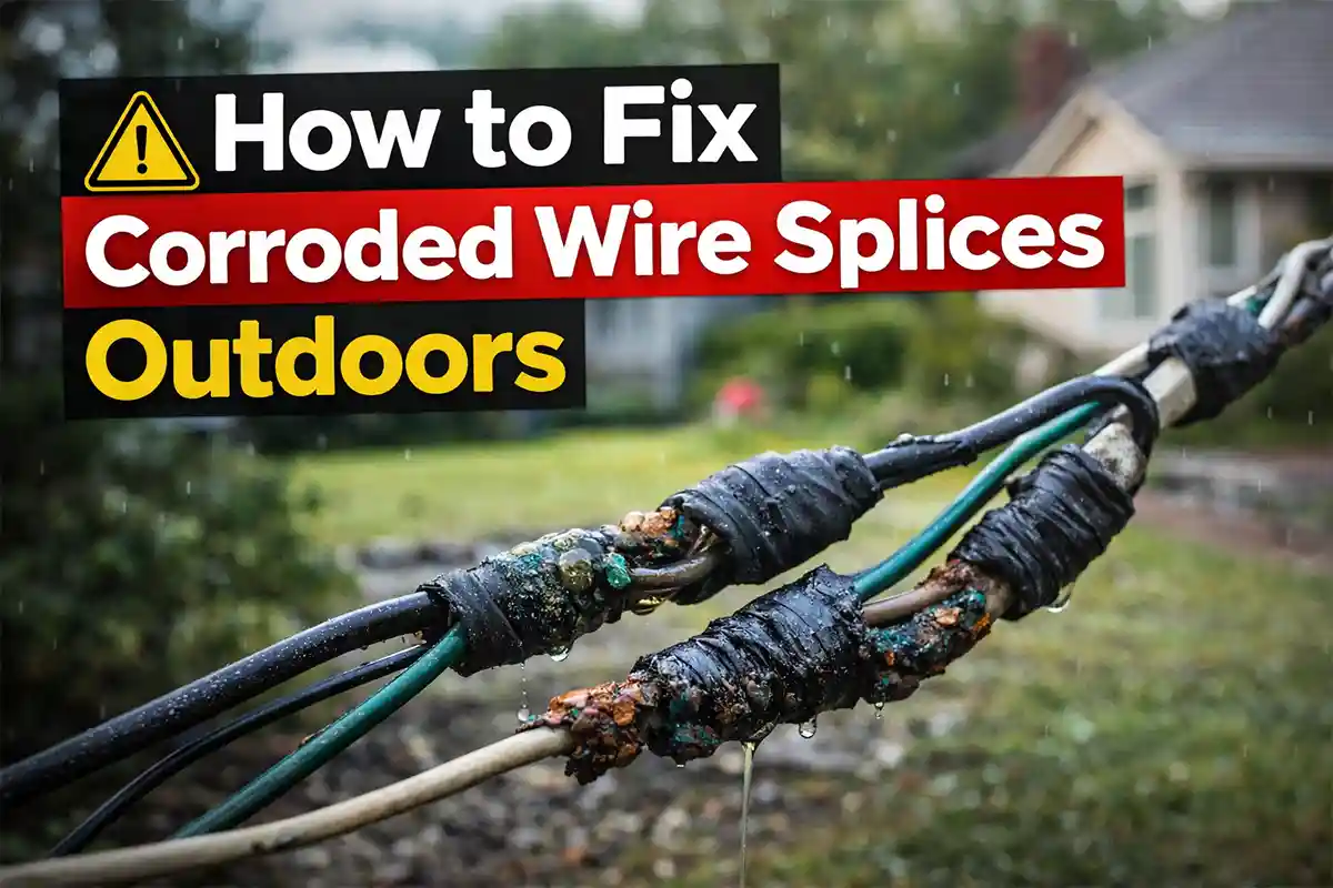 Corroded outdoor electrical wire splice with green copper oxidation inside landscape lighting junction box.
