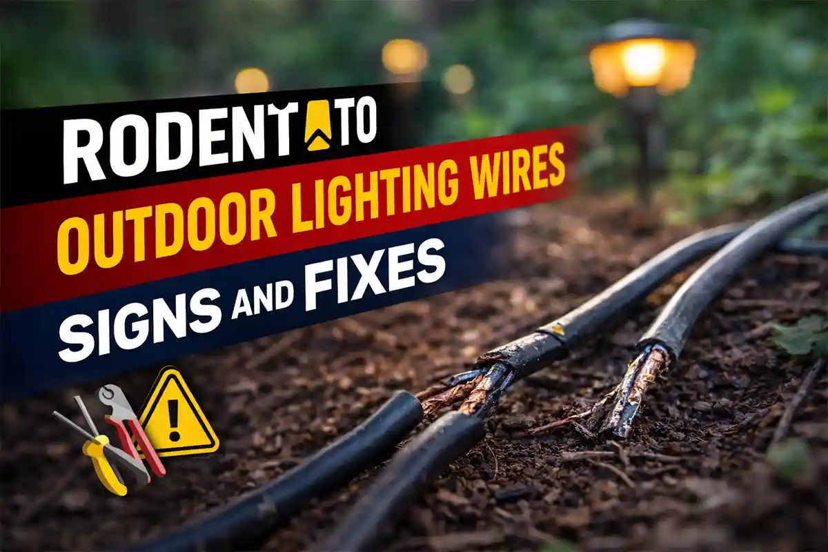 Rodent chew damage on outdoor landscape lighting wires in a backyard.