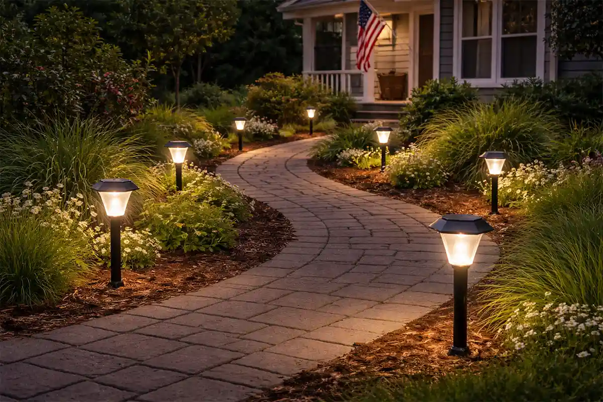 Outdoor solar pathway lights with uneven brightness at night, some glowing strongly while others appear dim.