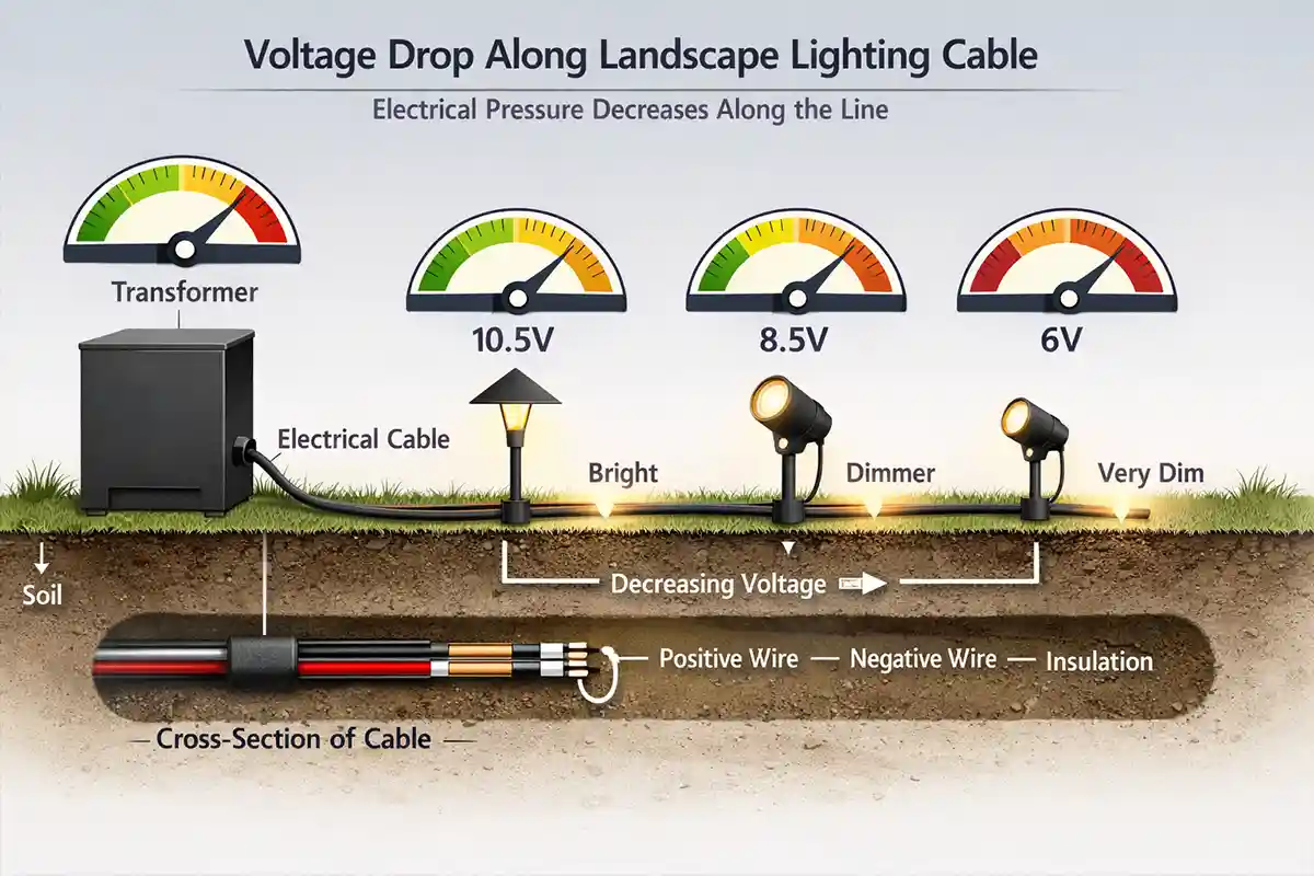 Educational diagram illustrating voltage drop along an outdoor lighting cable with decreasing electrical power reaching fixtures at the end of the circuit.