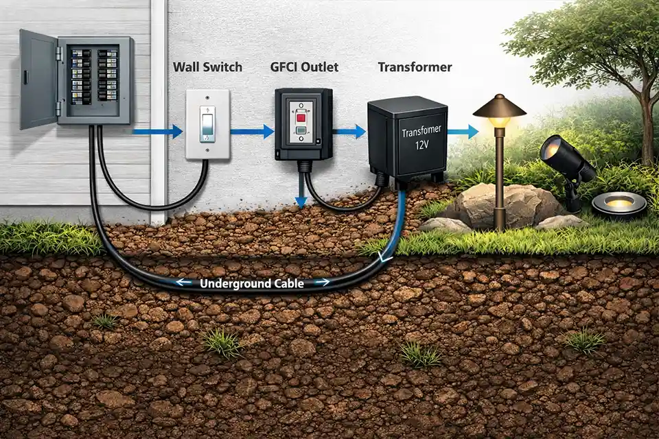 Diagram showing the electrical path from the main panel to outdoor lighting fixtures.